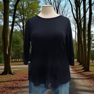 Isaac Mizrahi Live Black Knit Top 1X Boho Tunic Eyelet Hem Cotton Cottagecore
